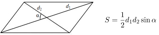 Диагональ угла формула. Формула площади параллелограмма через синус угла. Формула площади параллелограмма через синус. Формула площади параллелограмма через диагонали. Формула площади параллелограмма через диагонали и угол между ними.